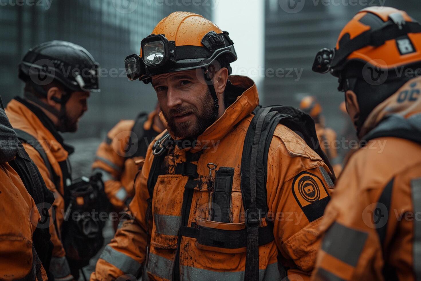 Firefighters in orange uniforms talking to each other photo