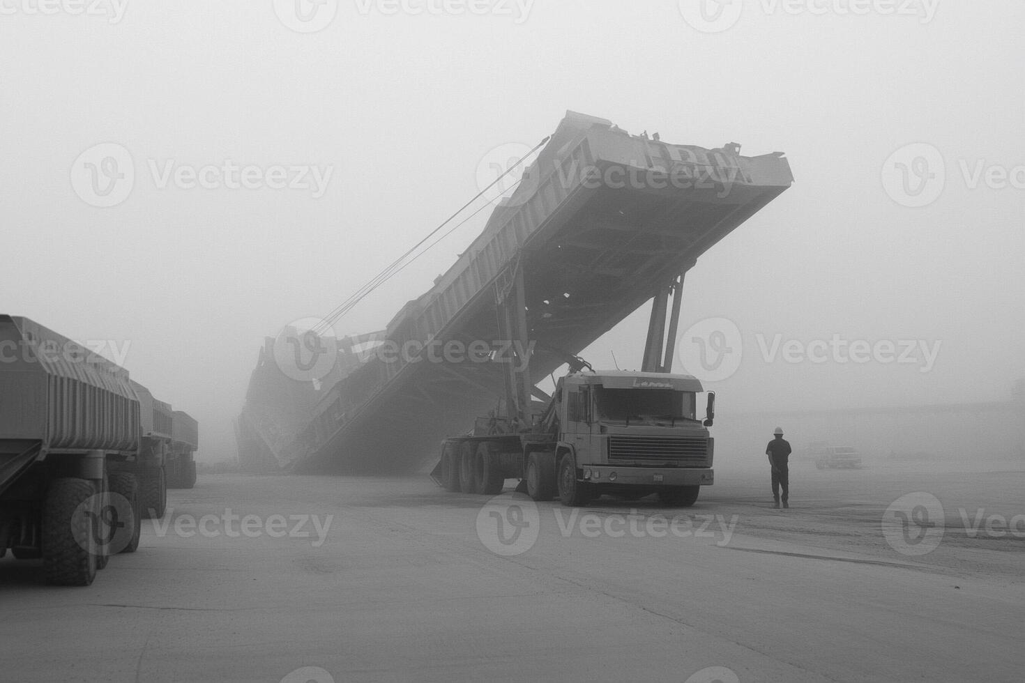 A truck is parked next to a large crane photo