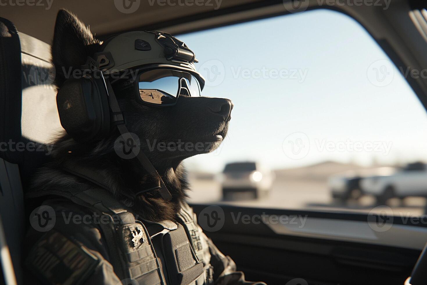 A dog wearing a helmet and goggles sitting in a car photo