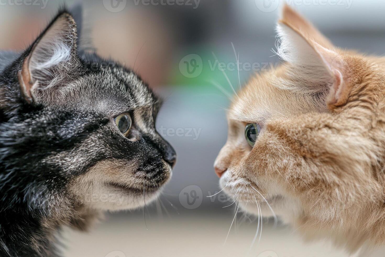 Two cats facing each other with one looking at the other photo