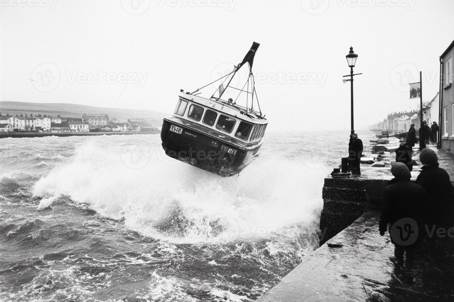 A boat is being lifted up by a crane in the water photo