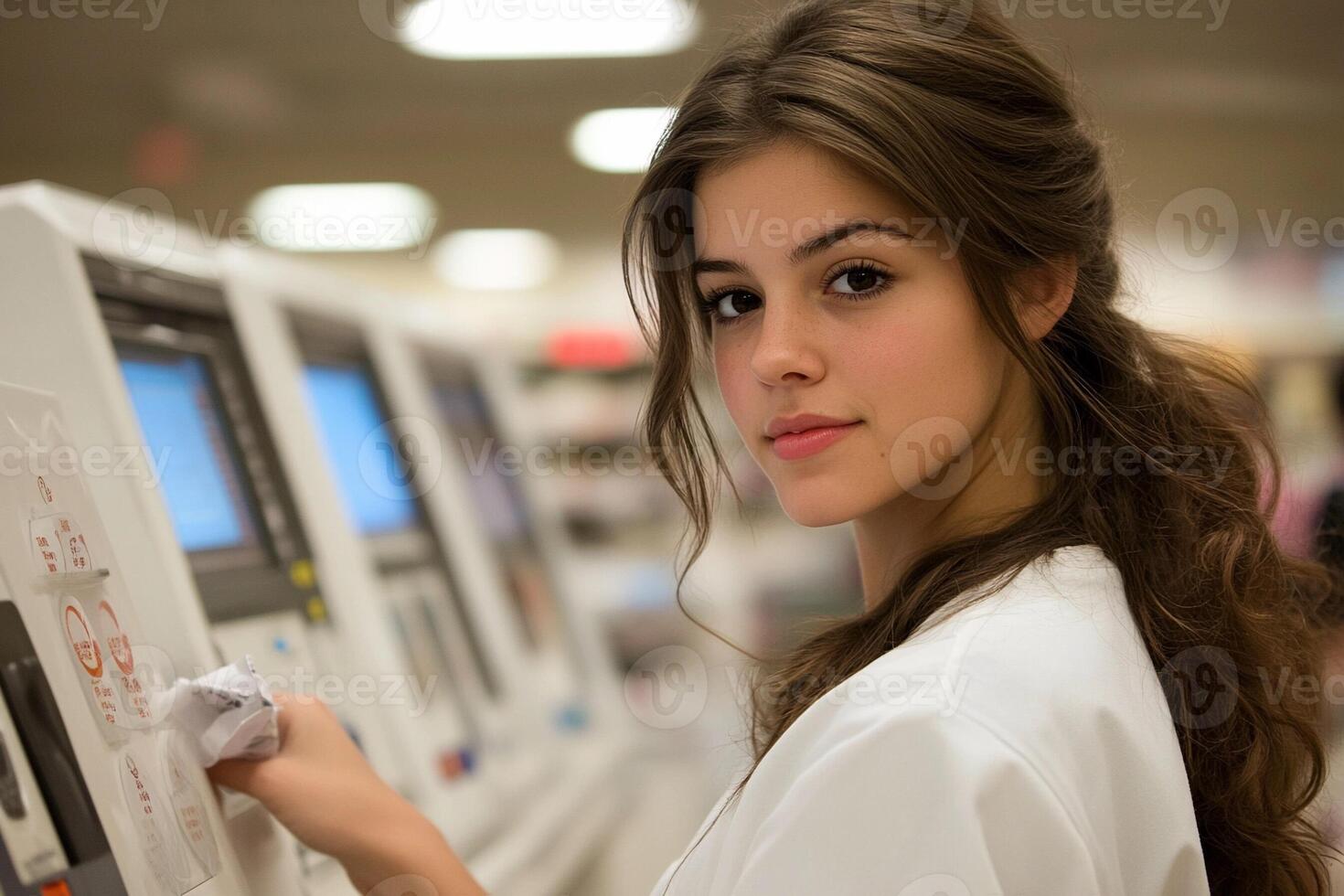 A woman in a white lab coat is standing in front of a machine photo