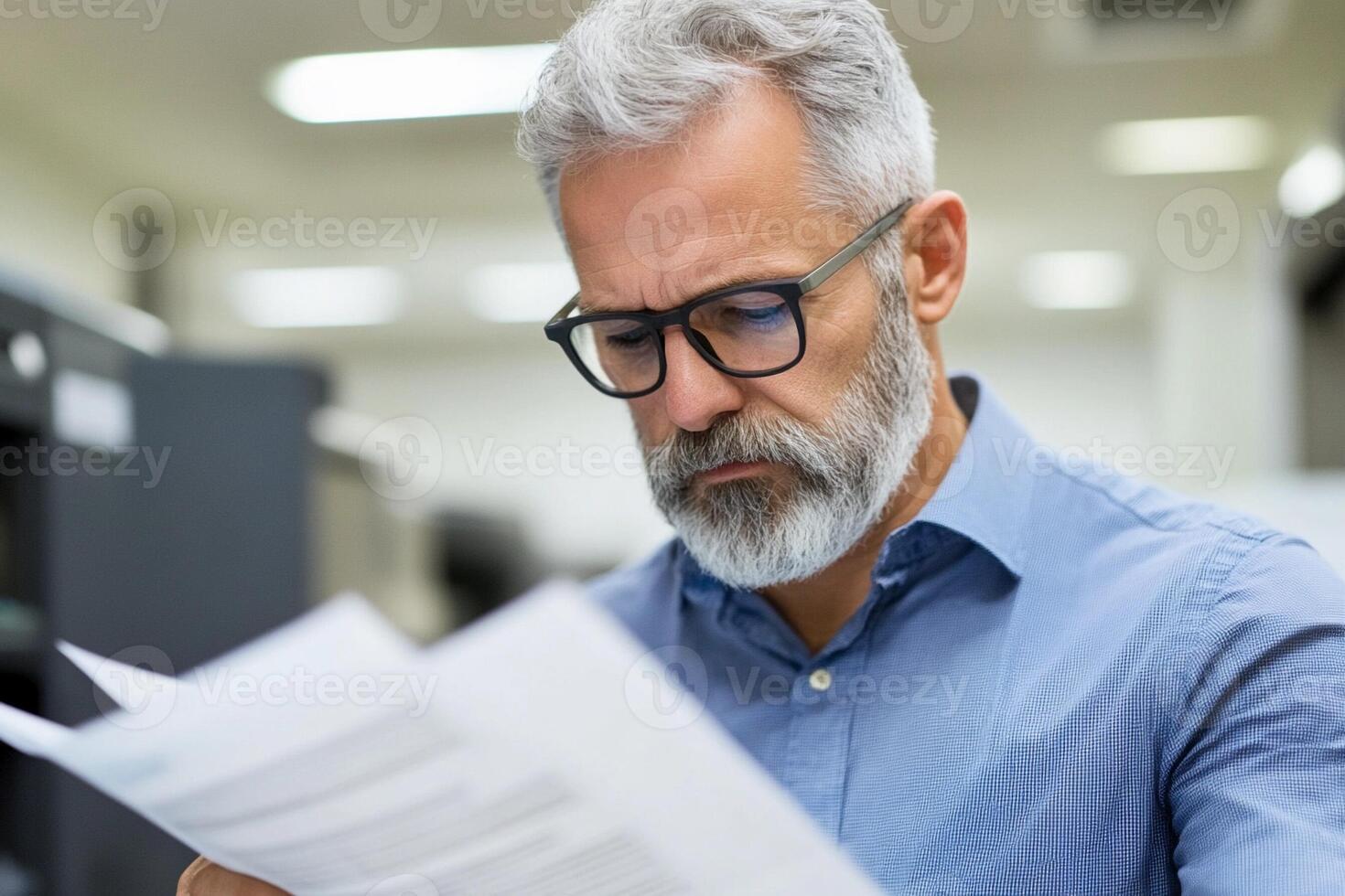 A man with glasses and a beard reading a document photo