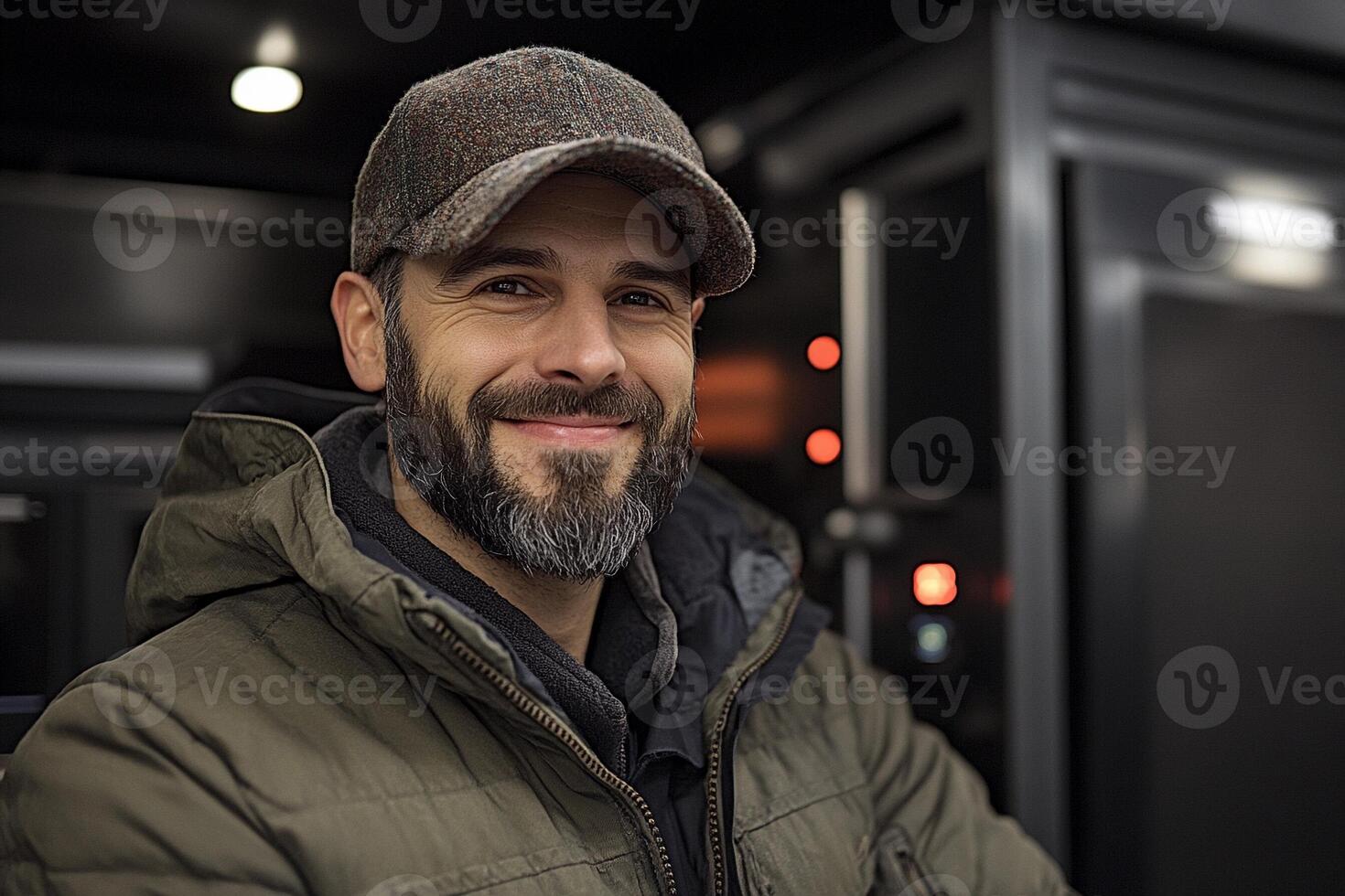 A man wearing a hat and jacket standing in front of a truck photo