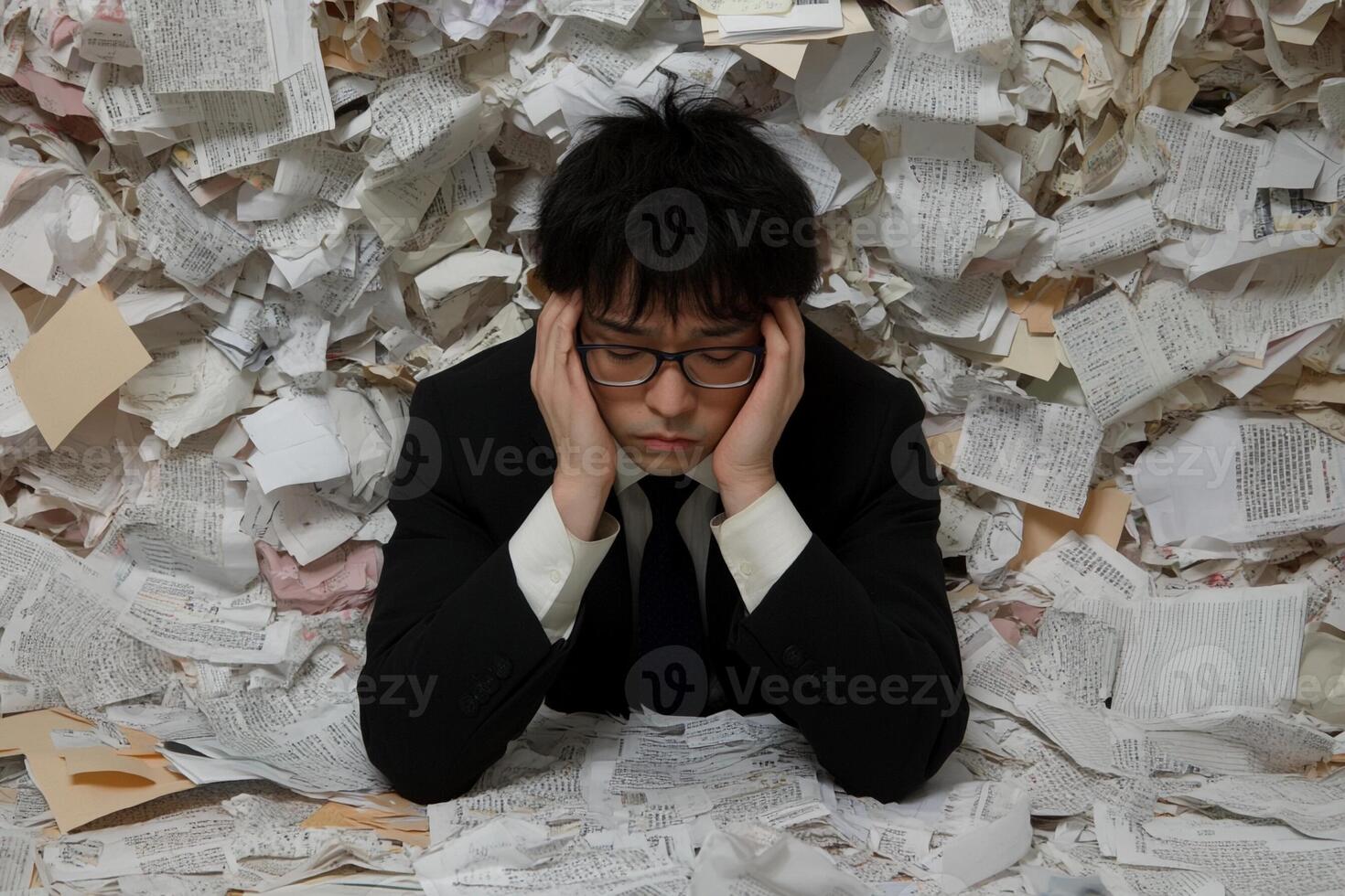 A man in a suit and tie sitting on top of a pile of papers photo