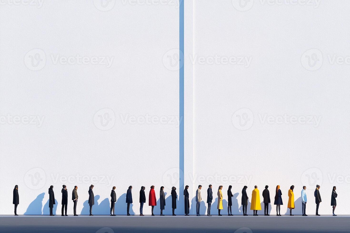 A group of people standing in line in front of a white wall photo