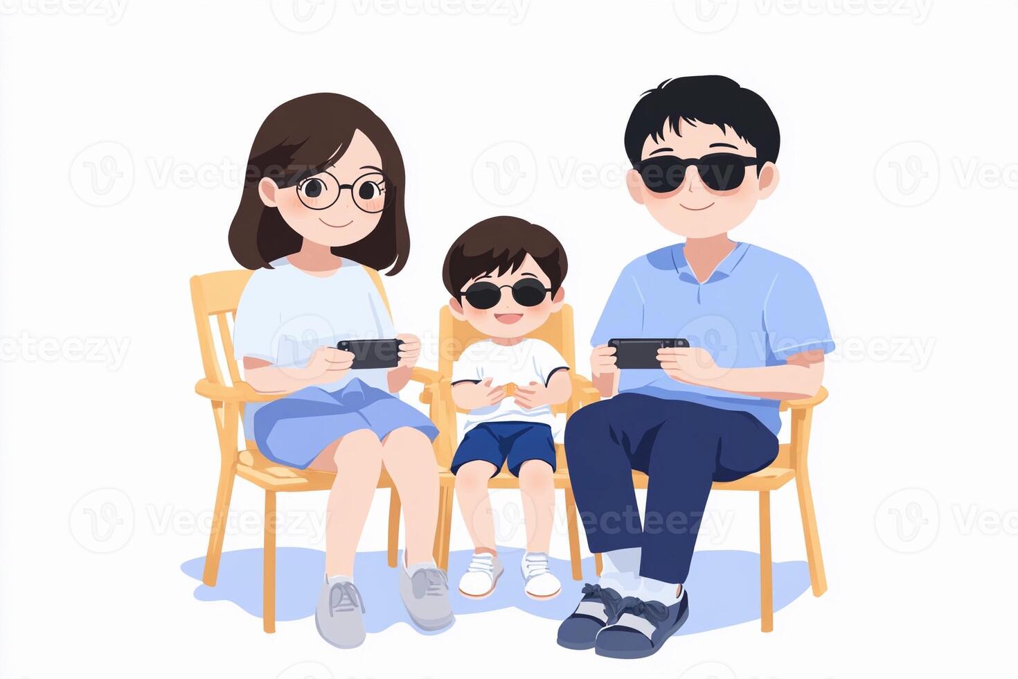 A family sitting on a chair with a cell phone photo