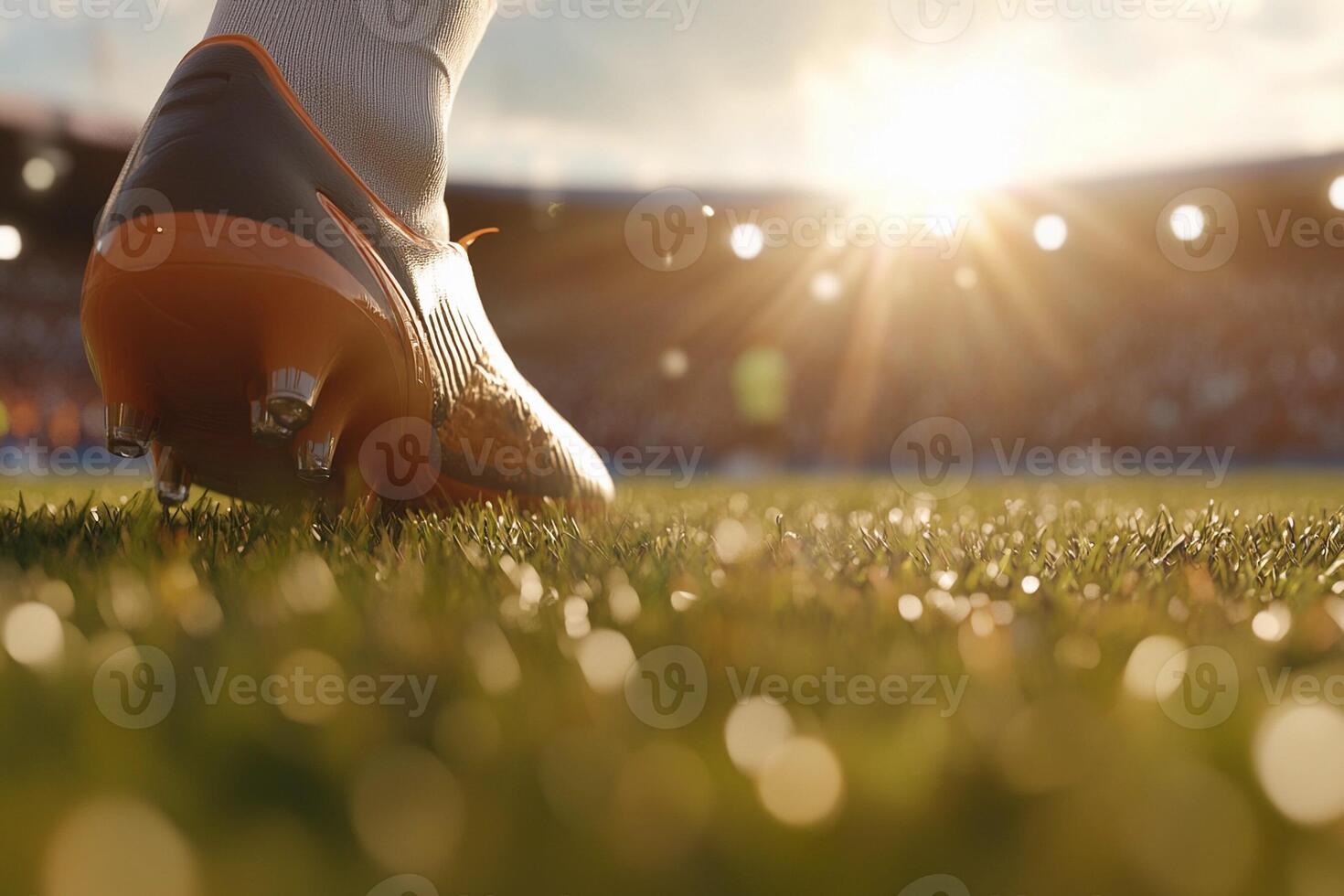A soccer player's foot on grass with the sun shining photo