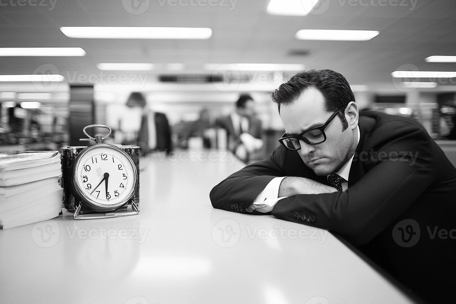 A man in a suit and glasses leaning on a desk photo