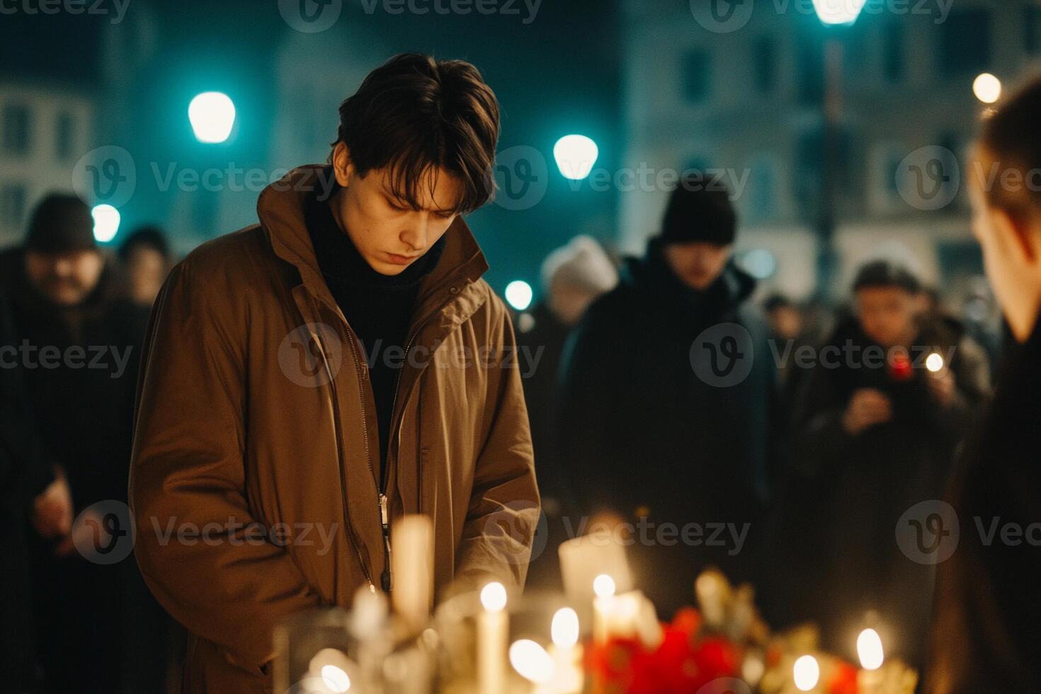 A man standing in front of a crowd of people holding candles photo