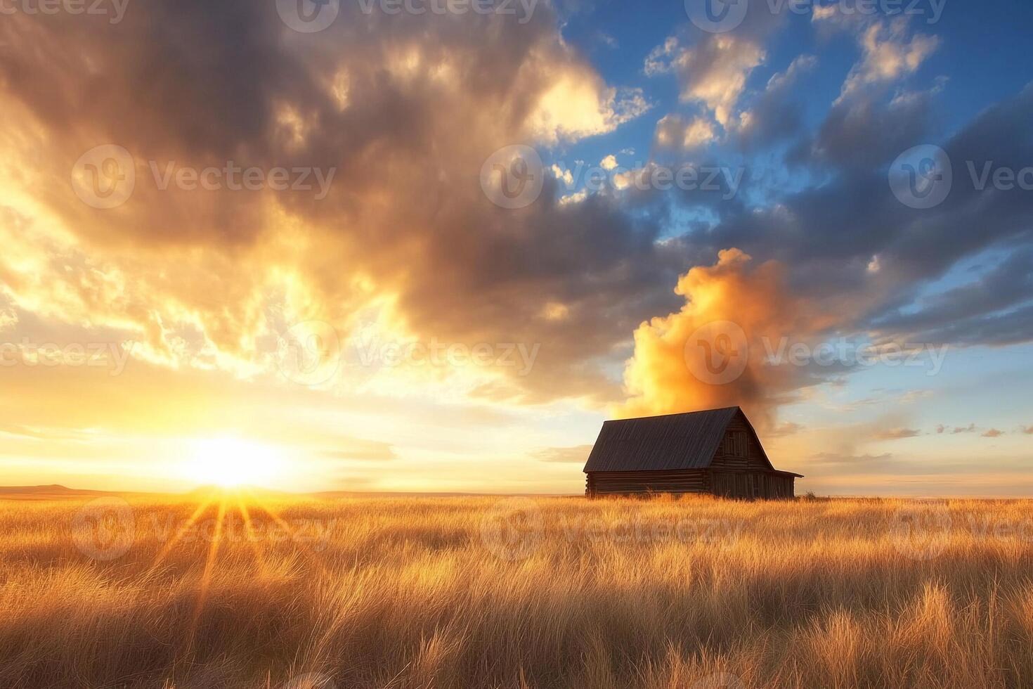 A barn in a field at sunset photo