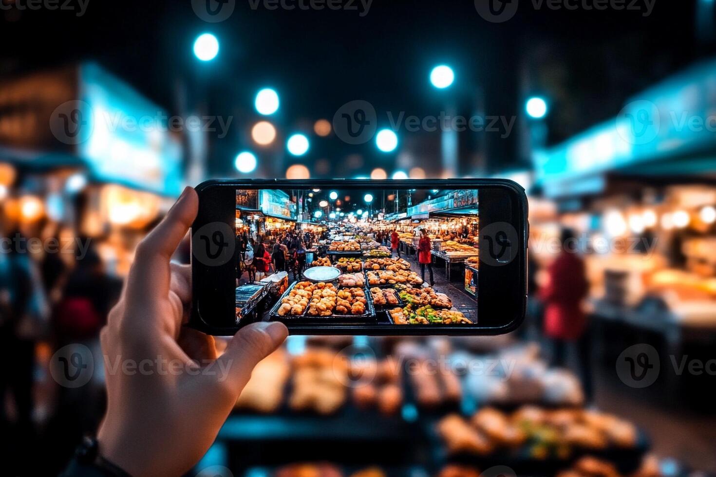 A person taking a photo of food at a market