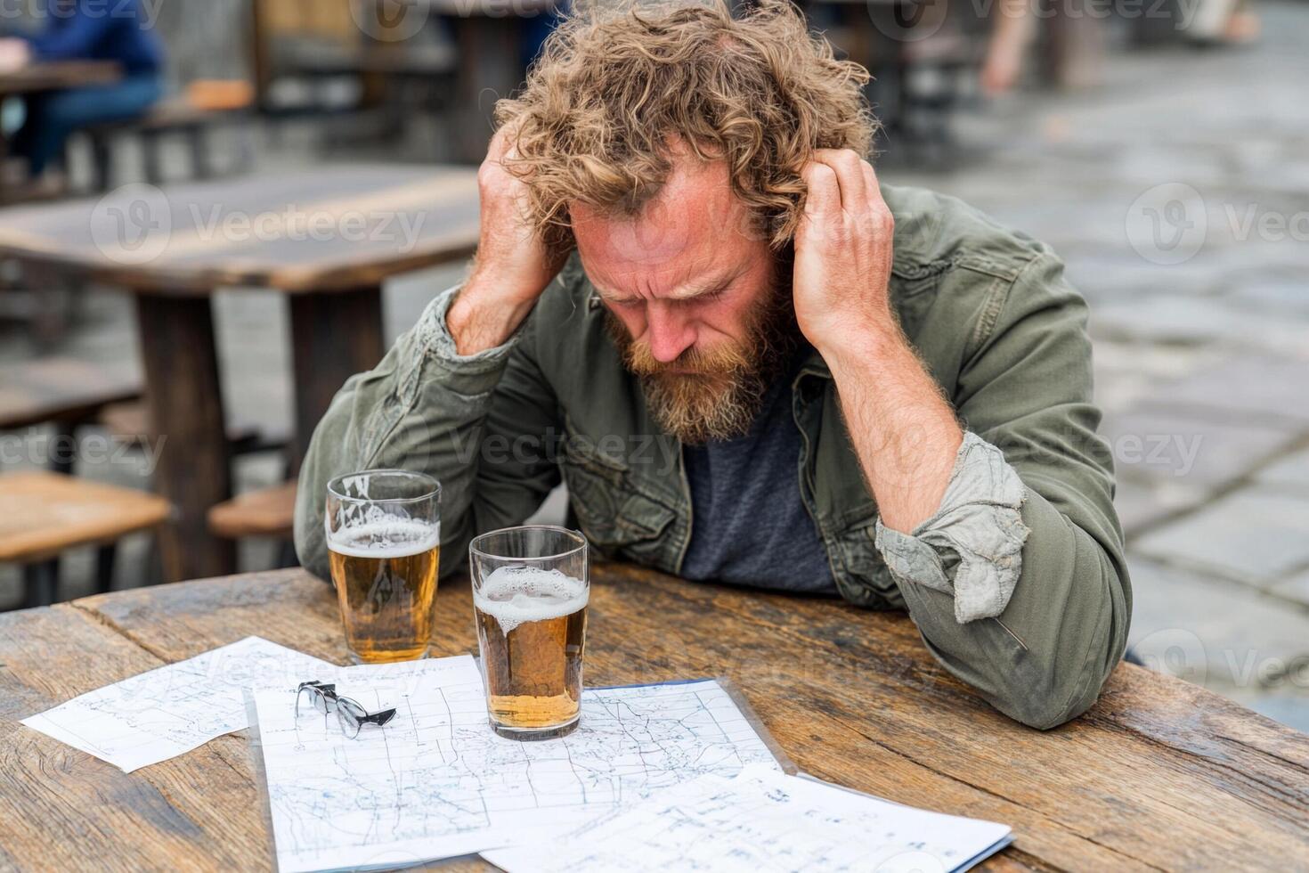 A man with a beard sitting at a table with two beers photo