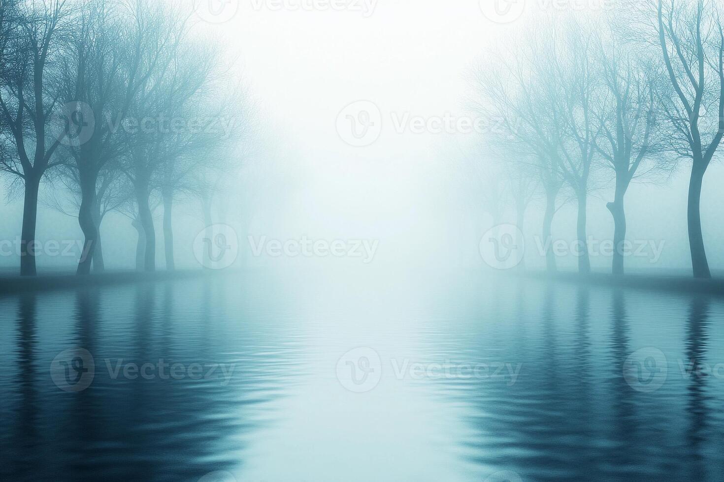 A river is flowing through a foggy forest photo