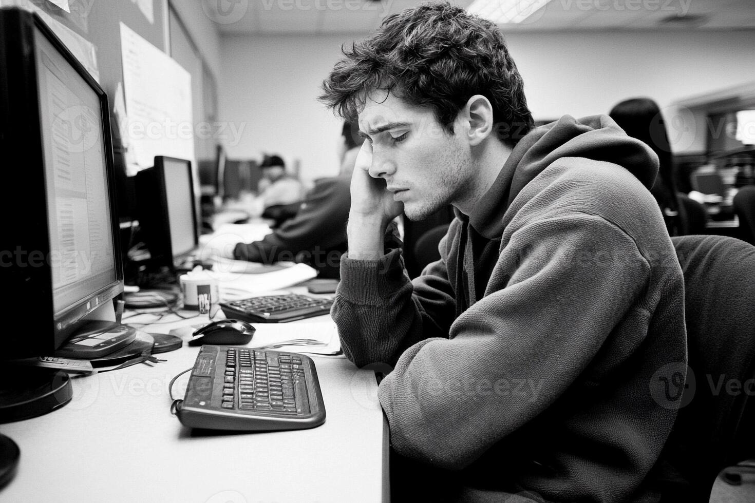 A man sitting at a desk with a computer photo