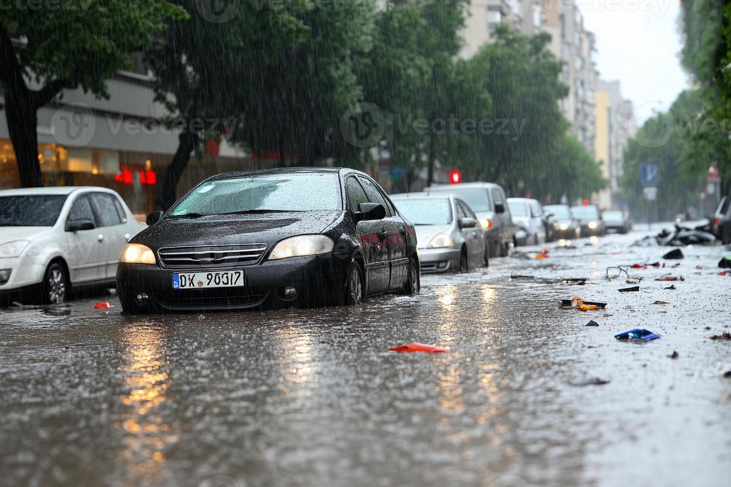 A car is driving through a flooded street photo