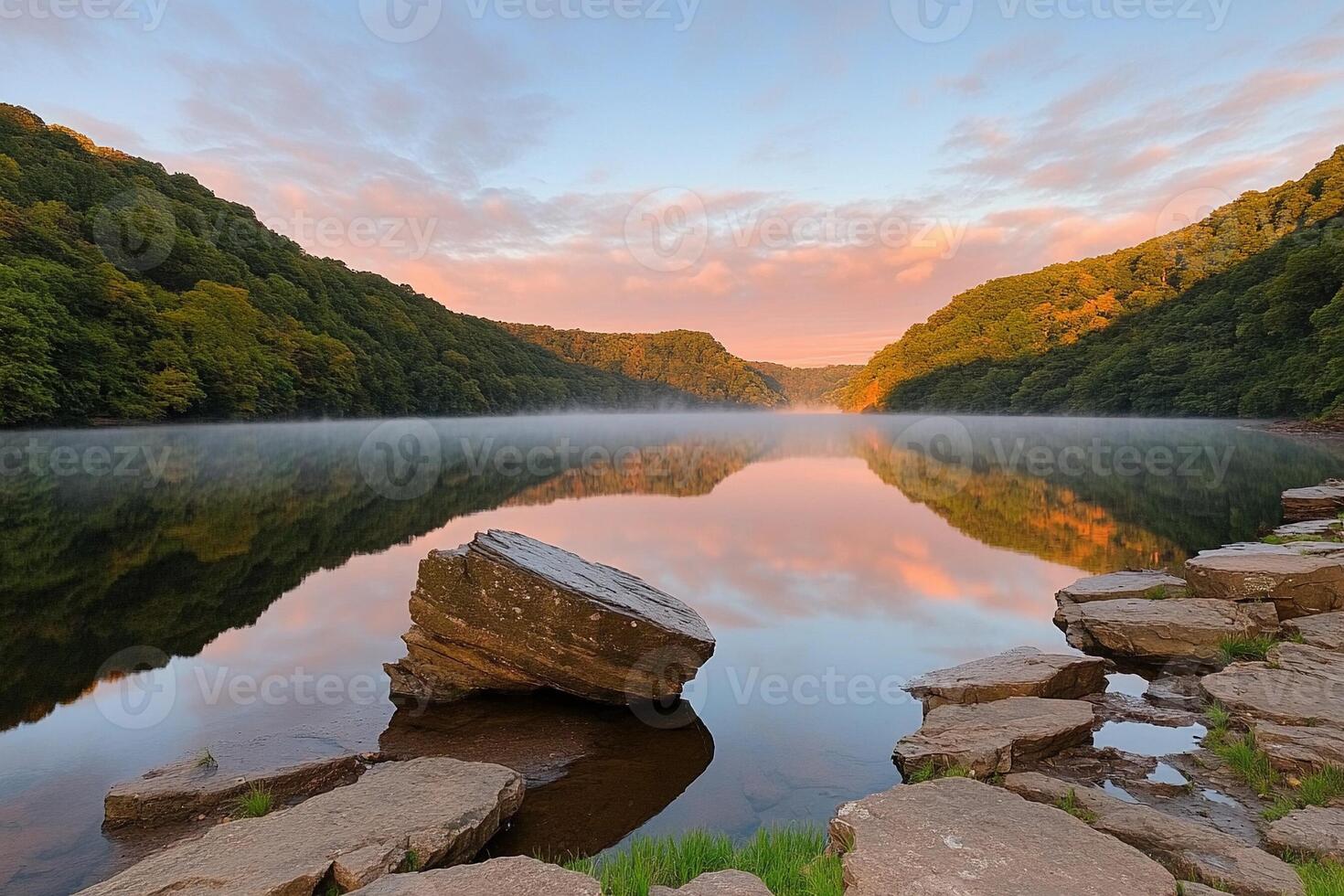 A lake surrounded by rocks and trees at sunrise photo