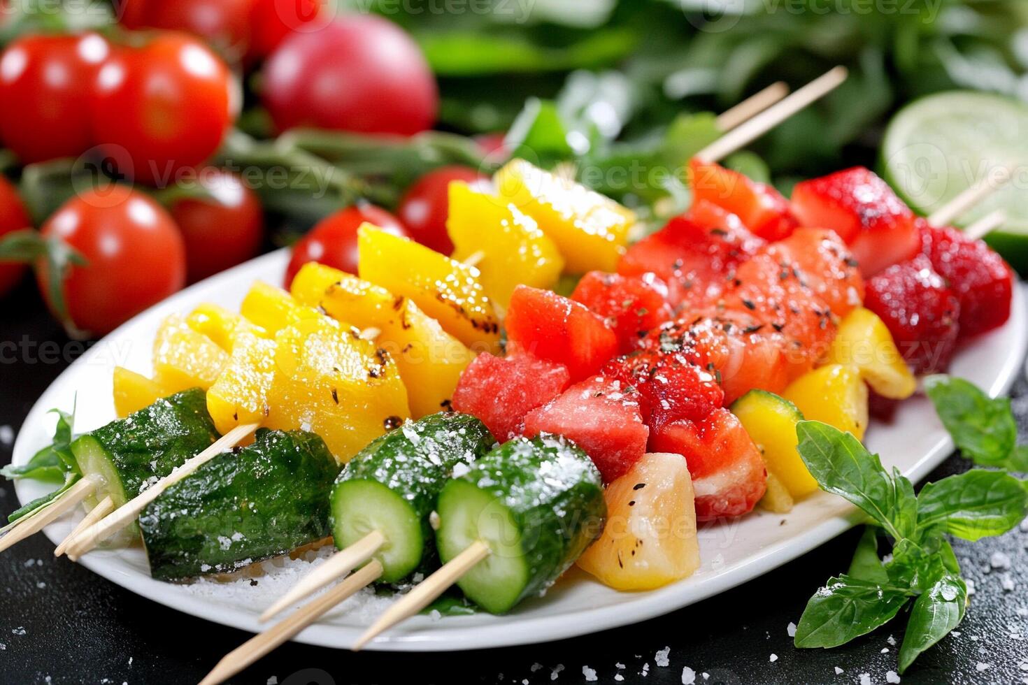 A plate of vegetables with skewers and tomatoes photo