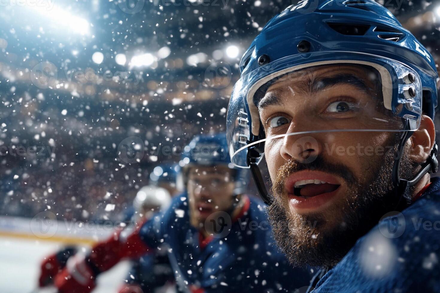 A hockey player is looking up at the camera photo
