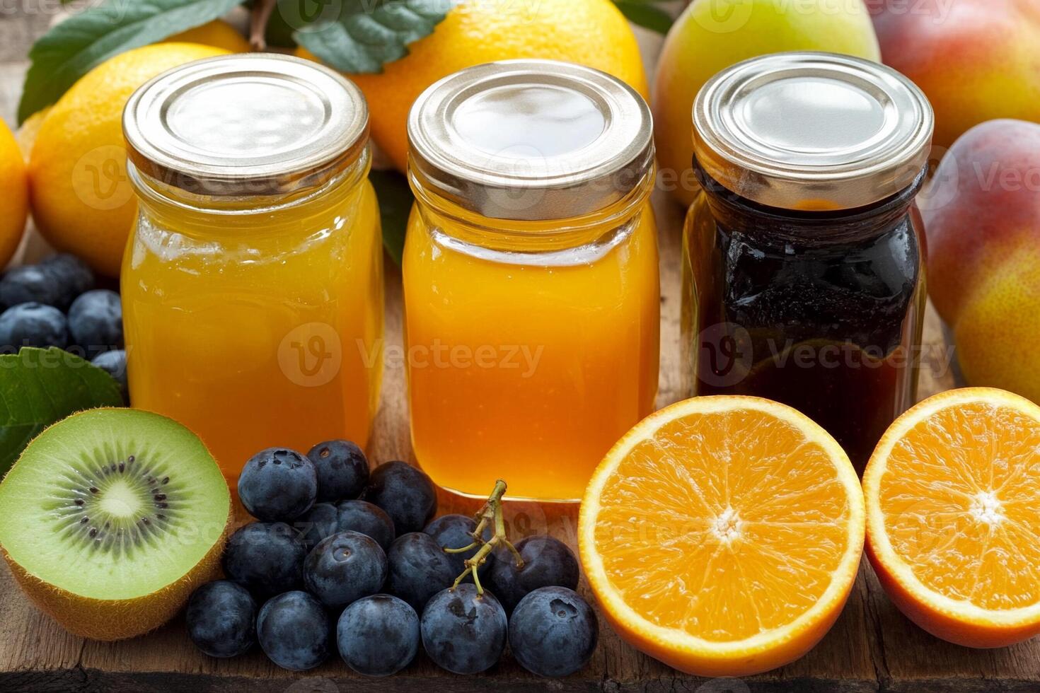 A variety of fruit and juices are sitting on a table photo