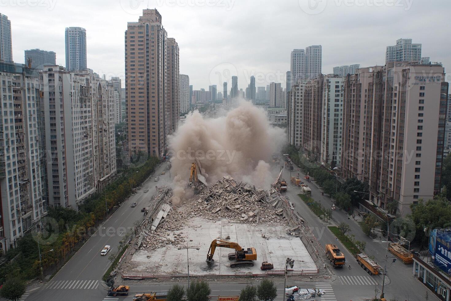 A large pile of rubble is being demolished in a city photo