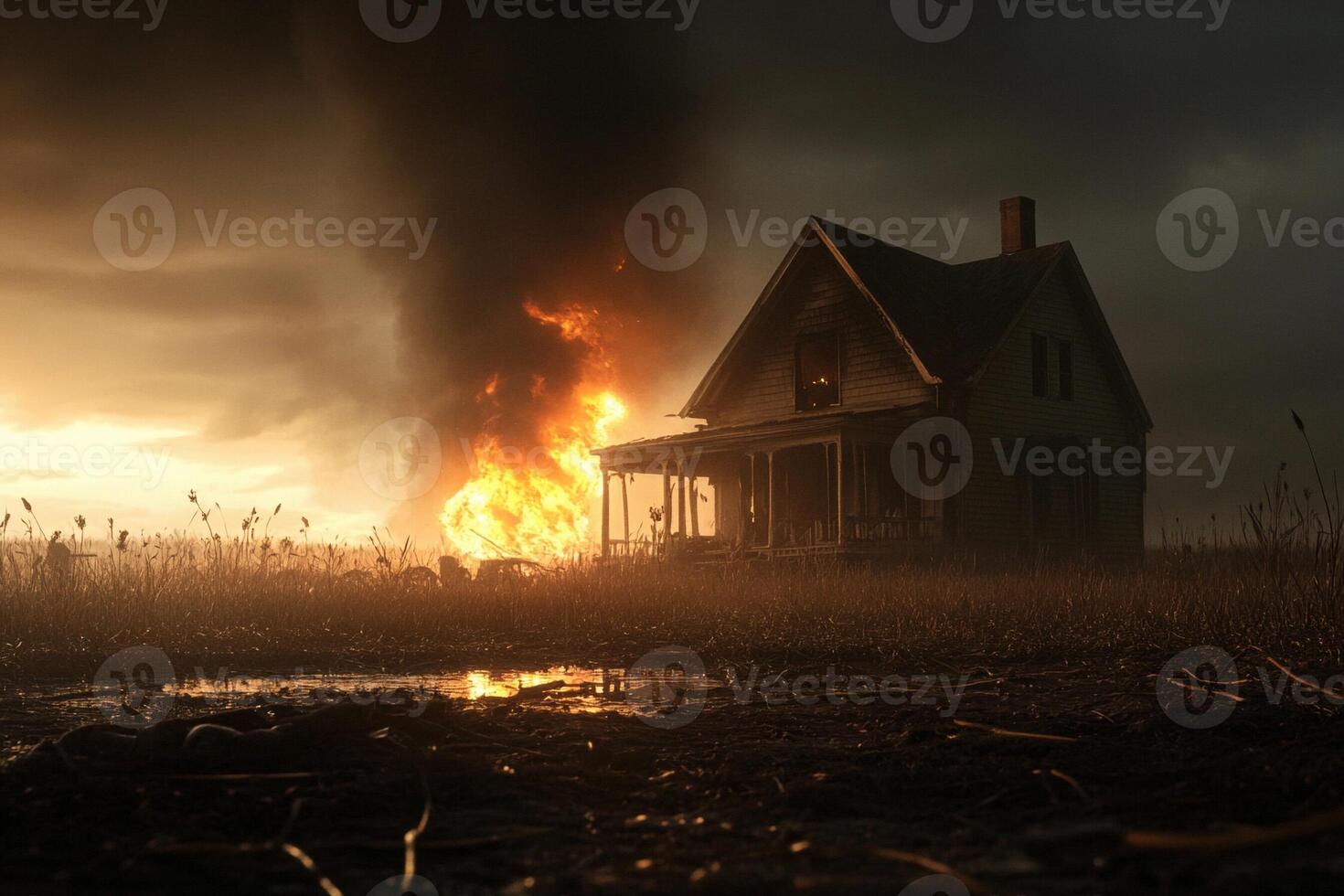 A house is on fire in the middle of a field photo