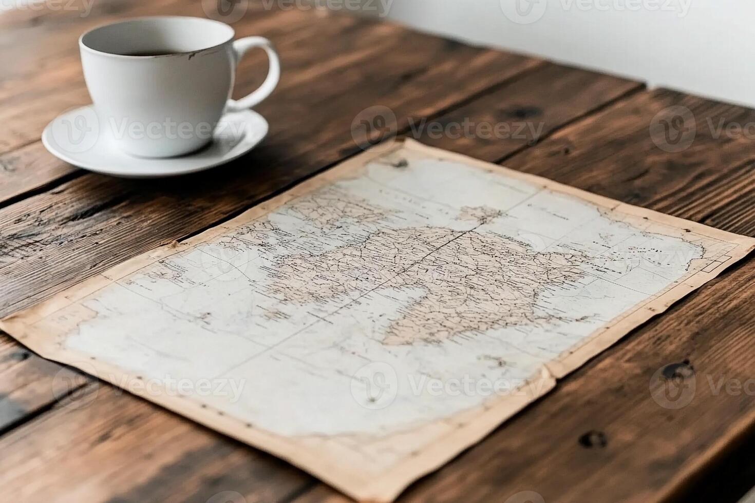 A map and a cup of coffee on a wooden table photo