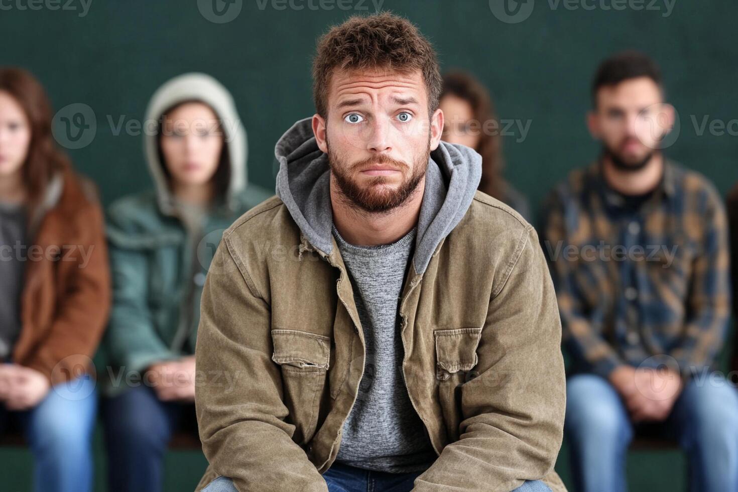 A man sitting in front of a group of people photo