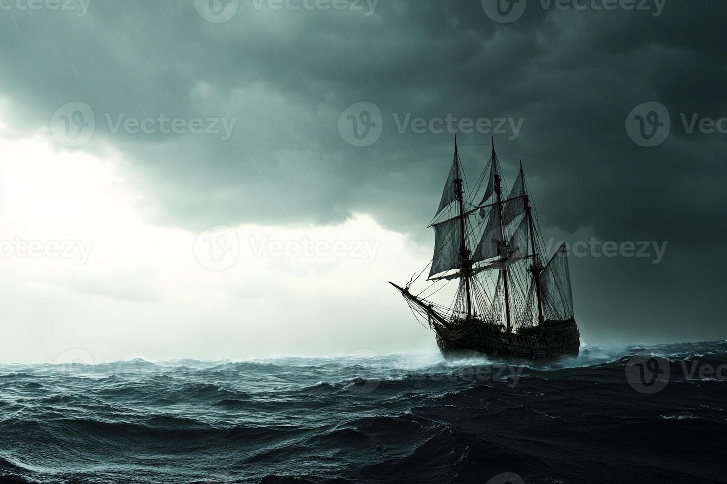 A tall ship in the ocean under stormy skies photo