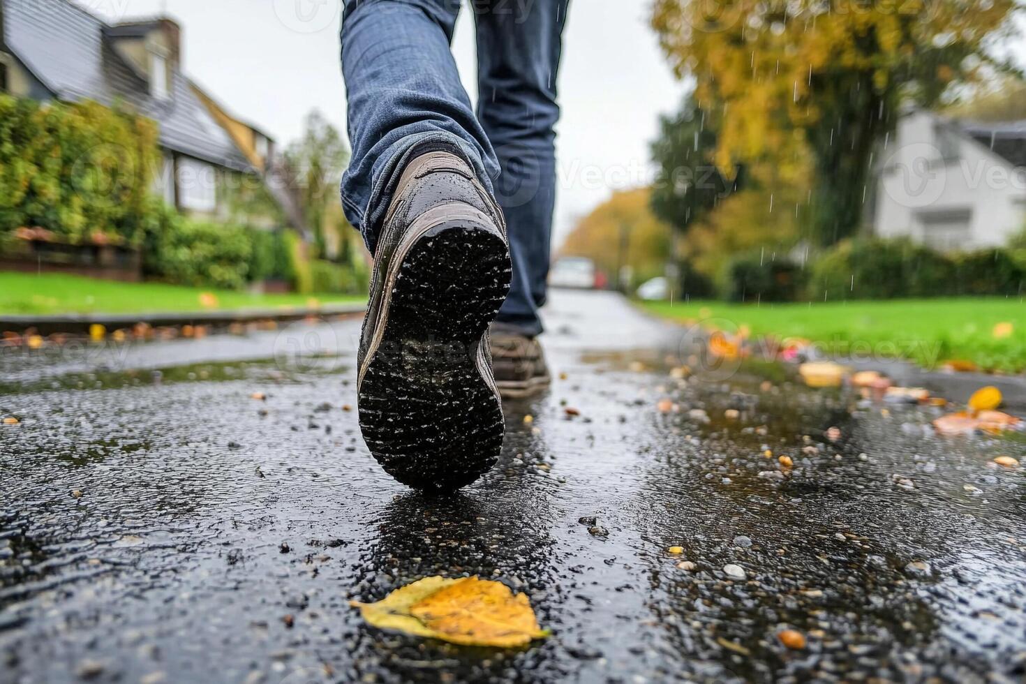 A person walking on a wet street with leaves on the ground photo