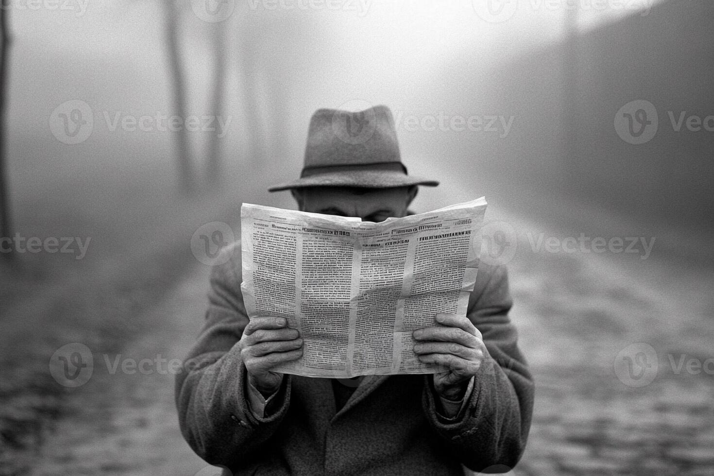 A man in a hat reading a newspaper on a foggy day photo
