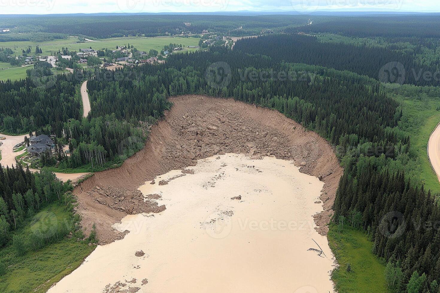 An aerial view of a river that has been flooded photo