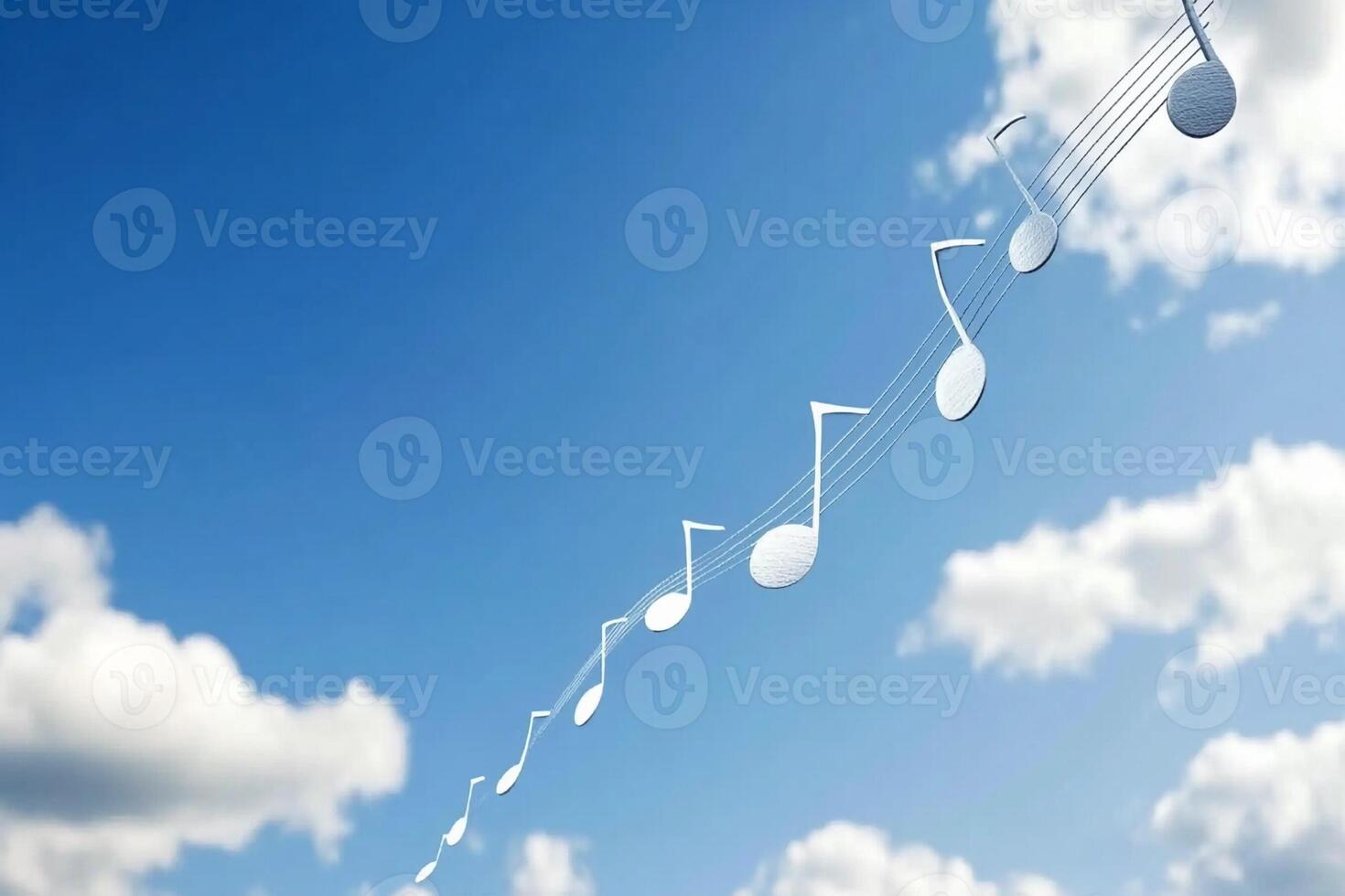 Music notes flying in the sky with clouds photo