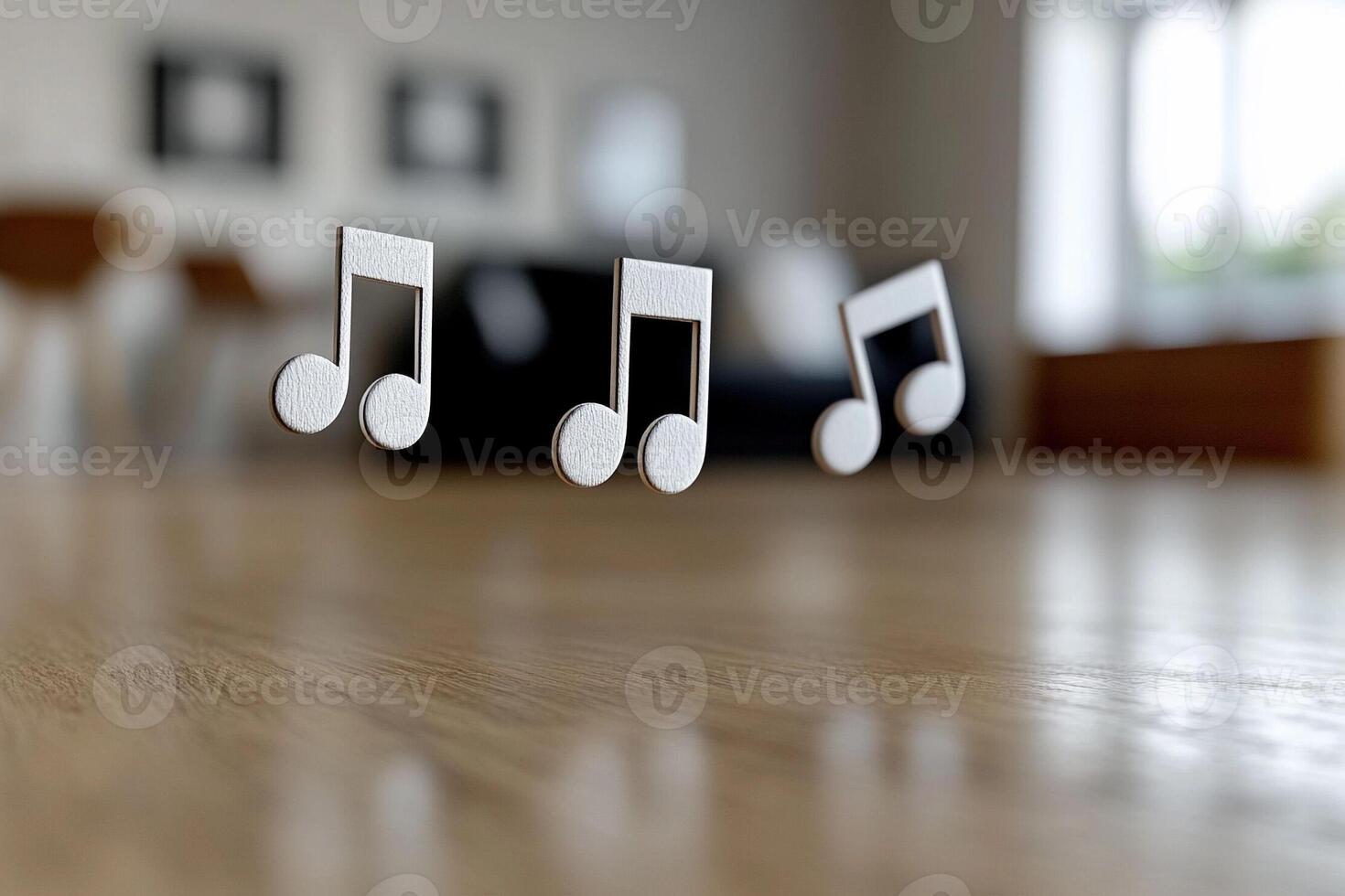 A wooden table with music notes floating in the air photo