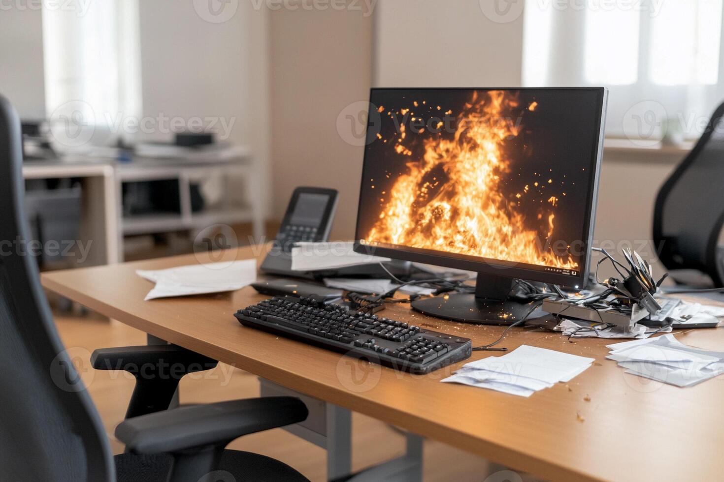 A computer monitor is on fire in an office photo