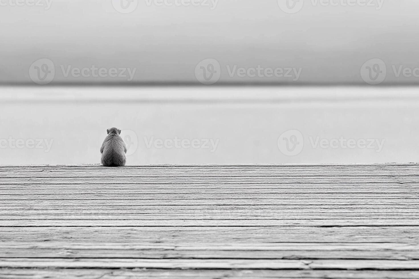 A black and white photo of a dog sitting on a dock