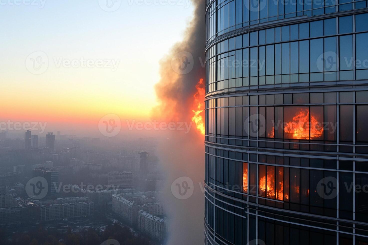A fire is burning in the window of a tall building photo