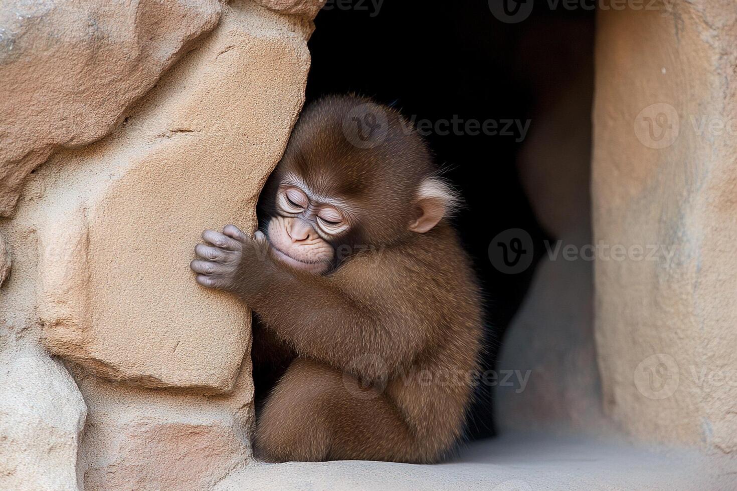 A monkey is peeking out of a hole photo