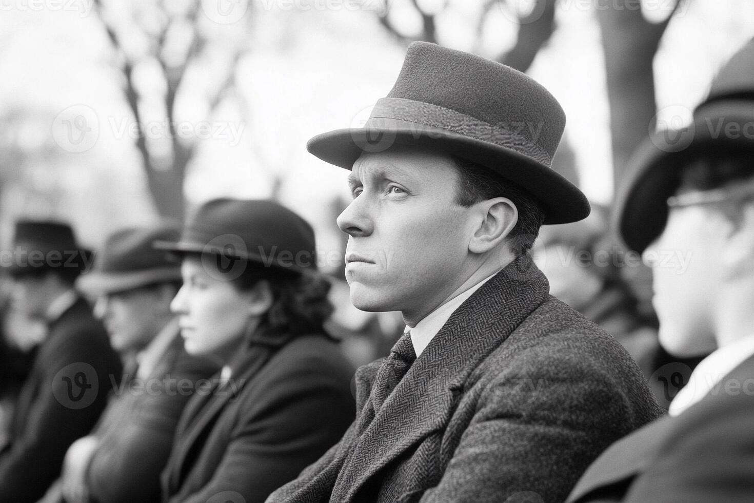 A man in a hat and coat sitting in a crowd photo