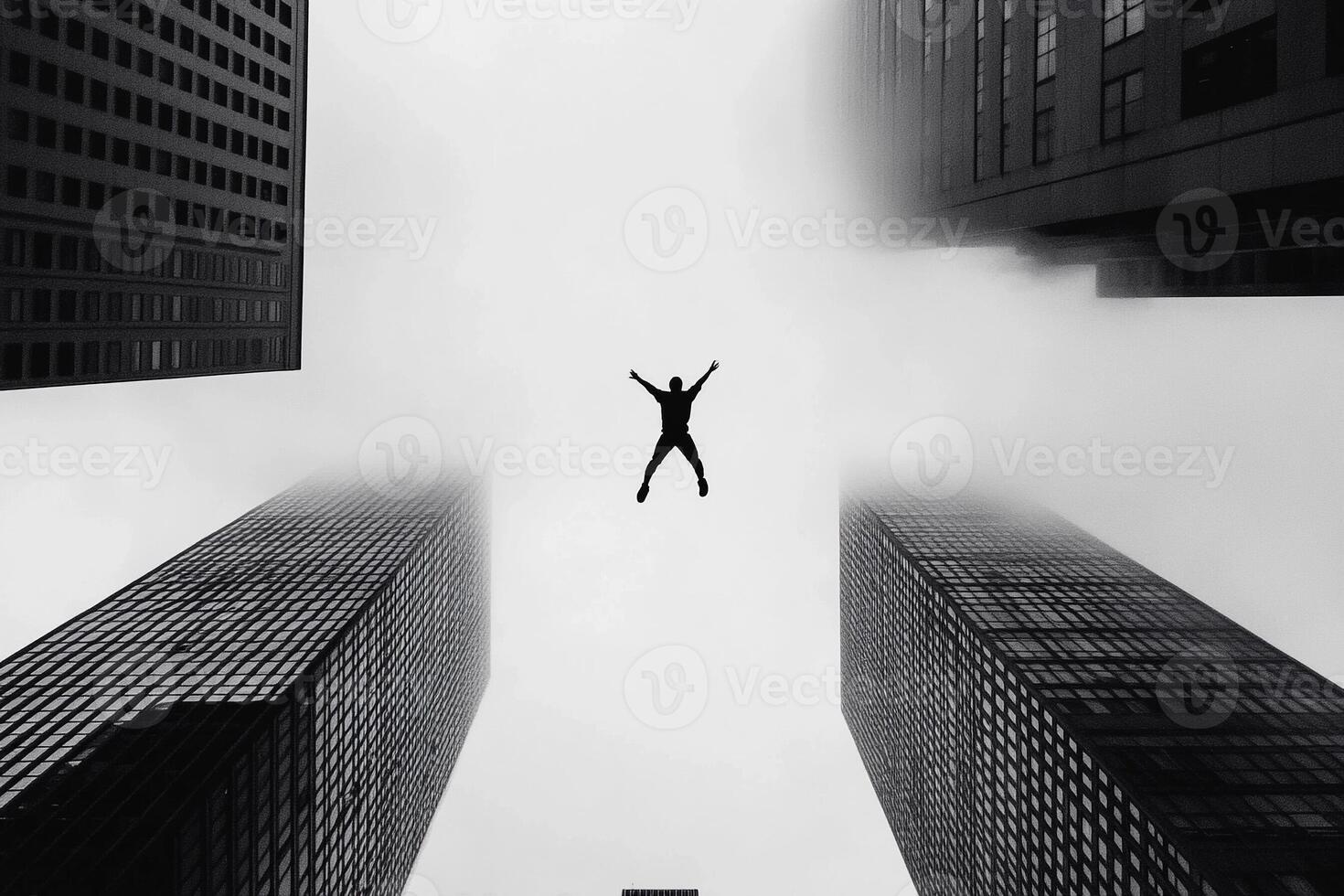 A man jumping into the air in front of tall buildings photo