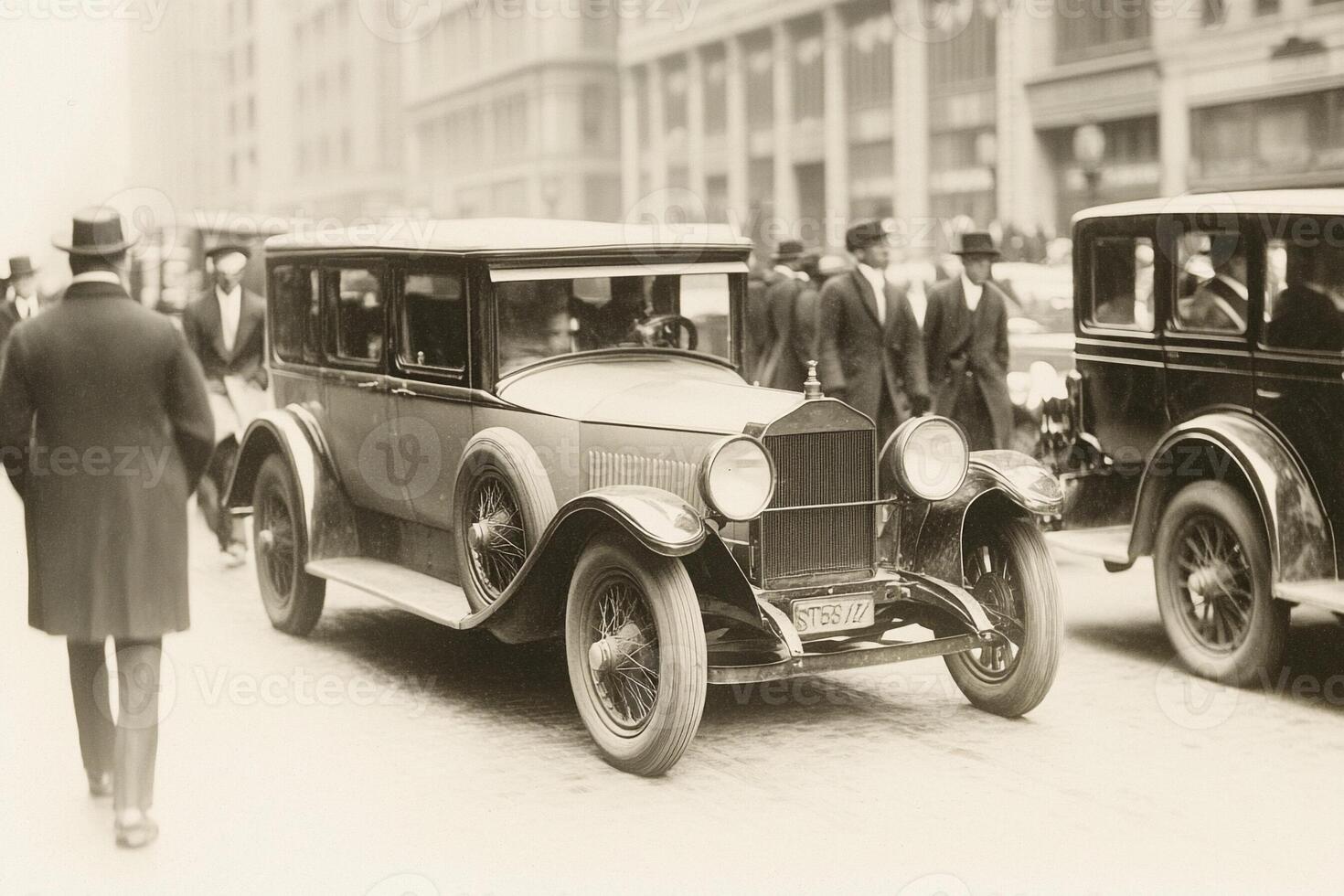 An old photo of people walking down the street in front of an old car