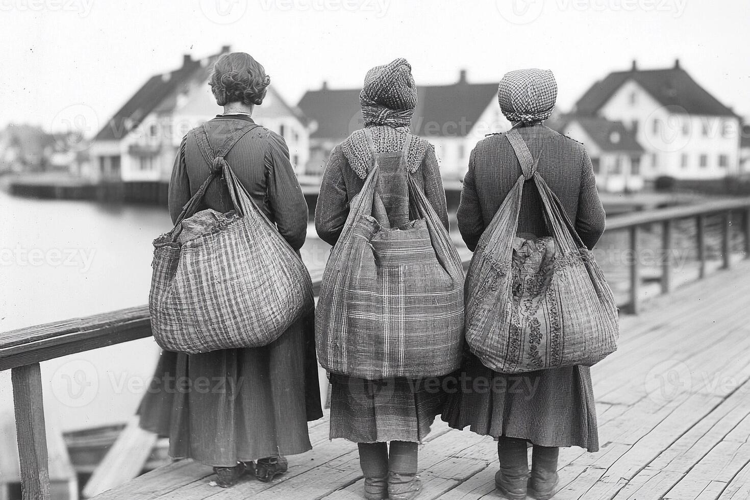Three women carrying bags on a dock photo