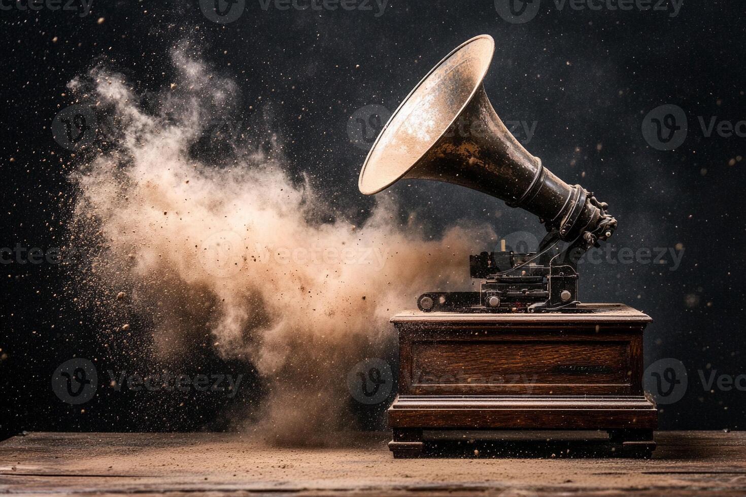 An old gramophone with dust coming out of it photo