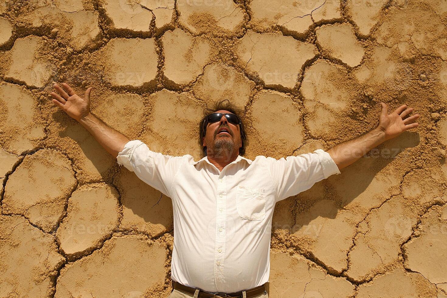 A man with his arms outstretched in front of a cracked wall photo