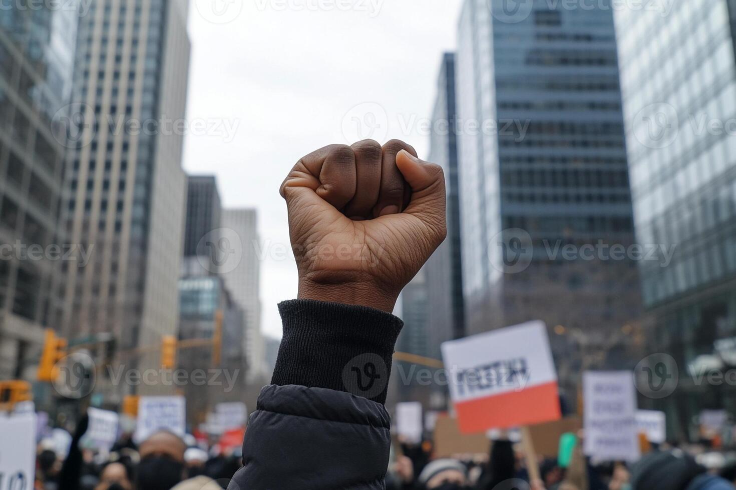 A person holding up a fist in a protest photo