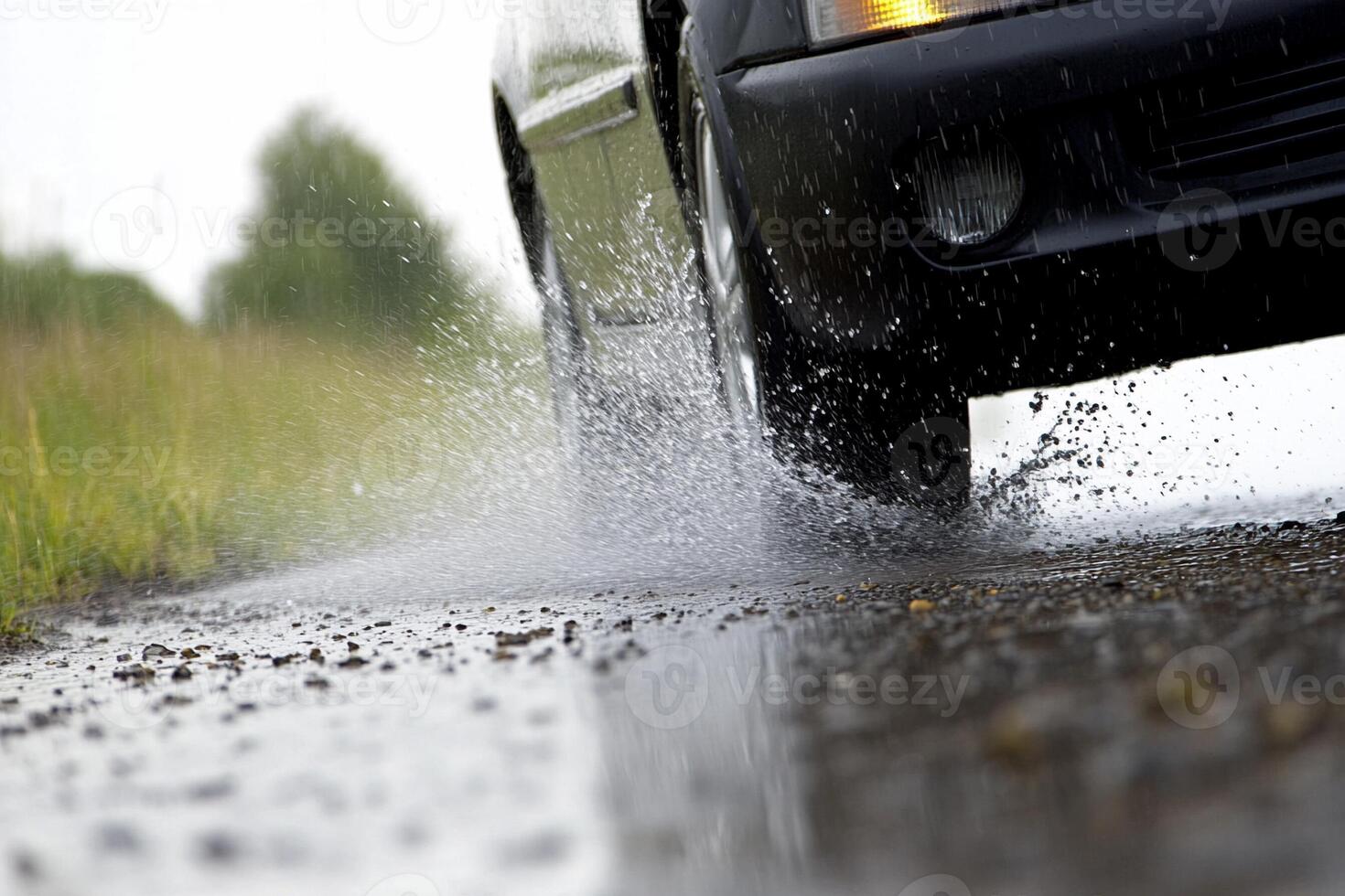A car is driving through a puddle on a road photo