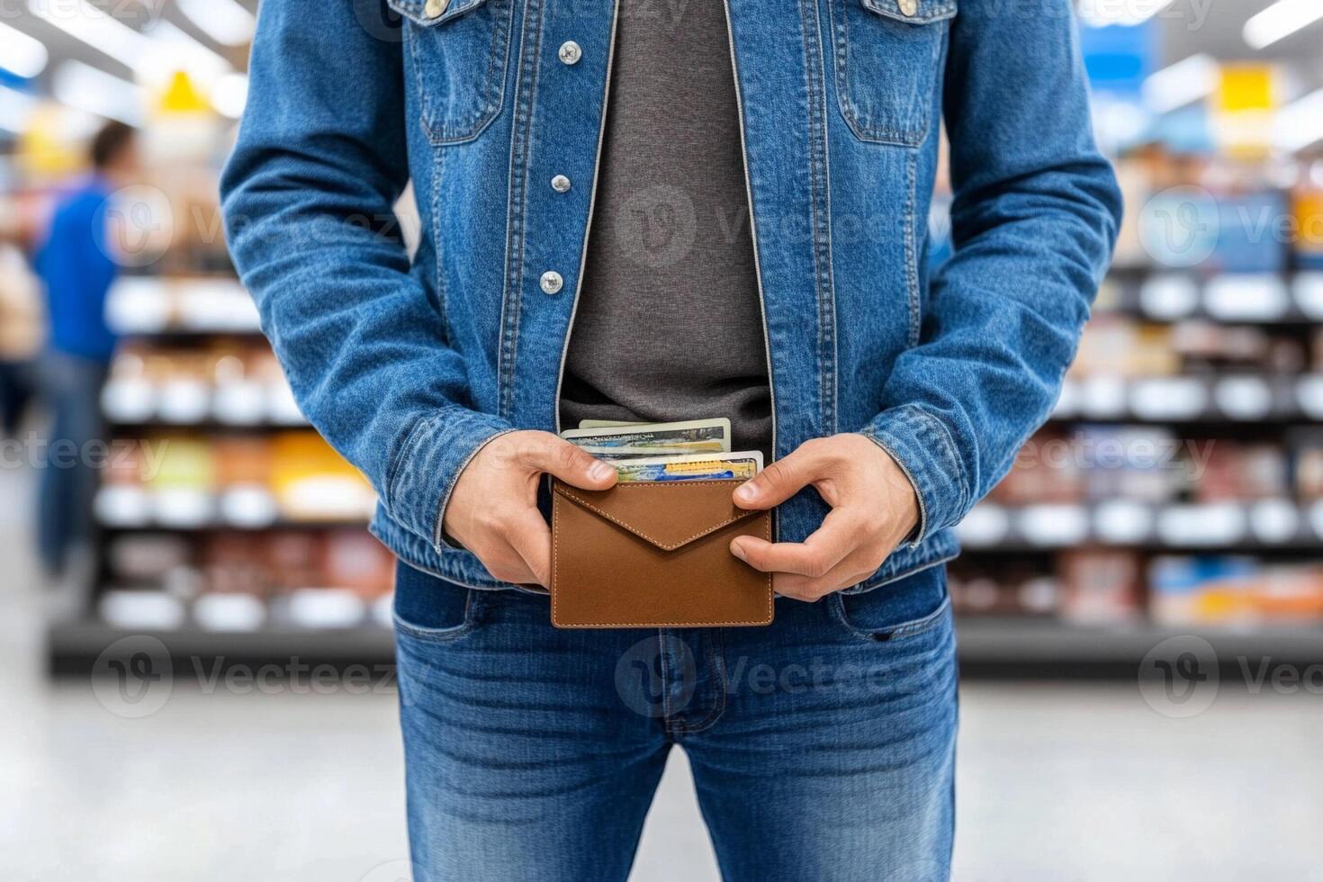 Man holding wallet in grocery store photo