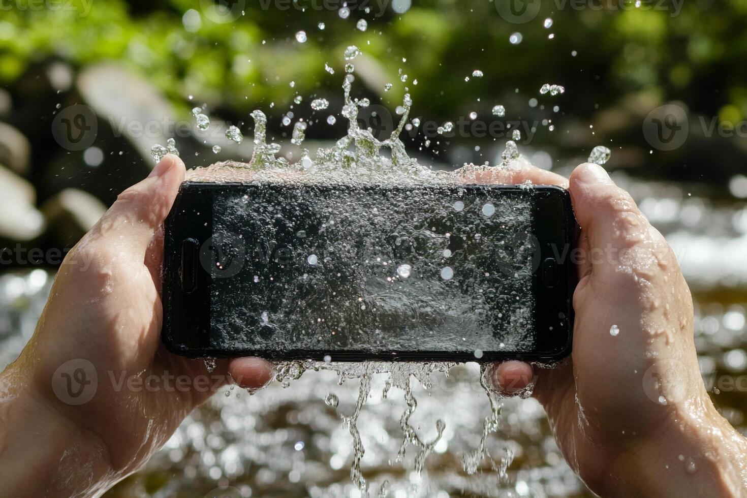 A person holding up a smart phone in the water photo