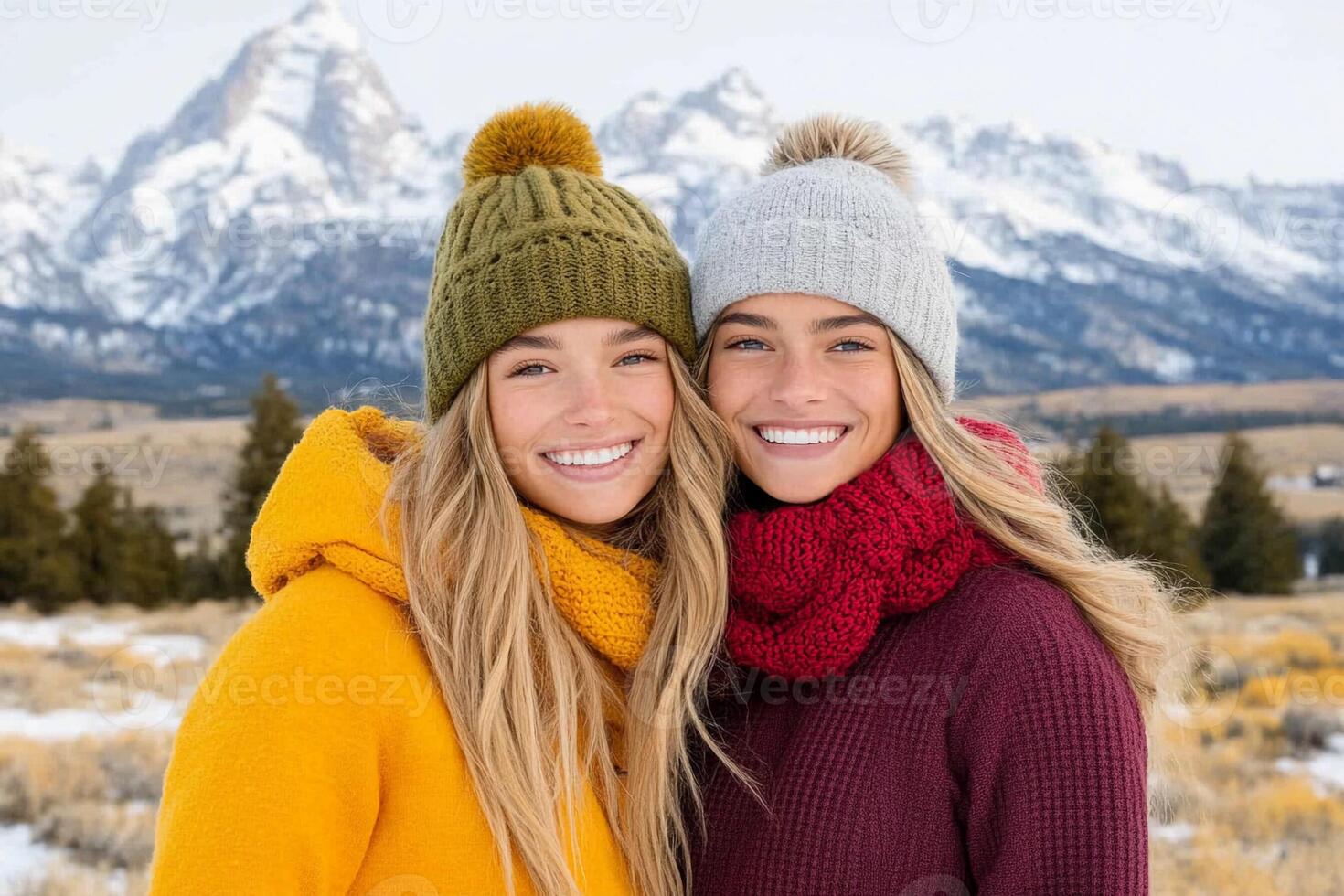 Two women wearing winter hats and scarves in front of mountains photo