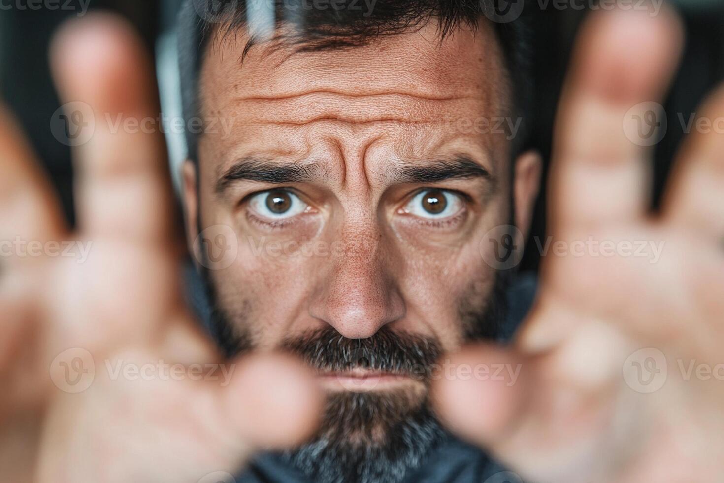 A man with a beard and a beard is looking at the camera photo